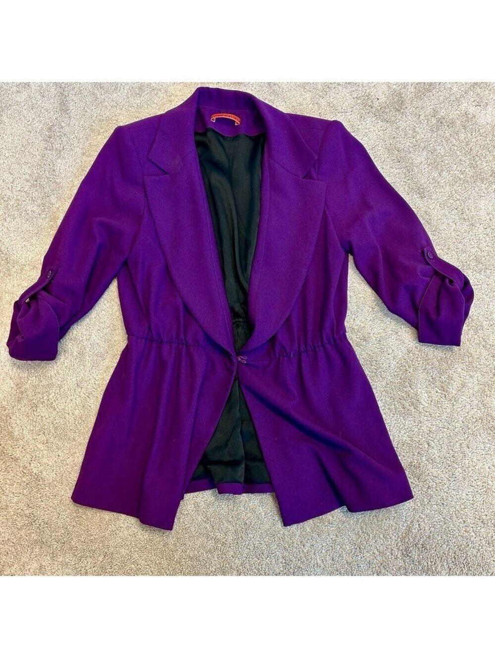 Alice + Olivia Elna peplum blazer jacket purple 3/4 roll tab sleeve cinched Sz M